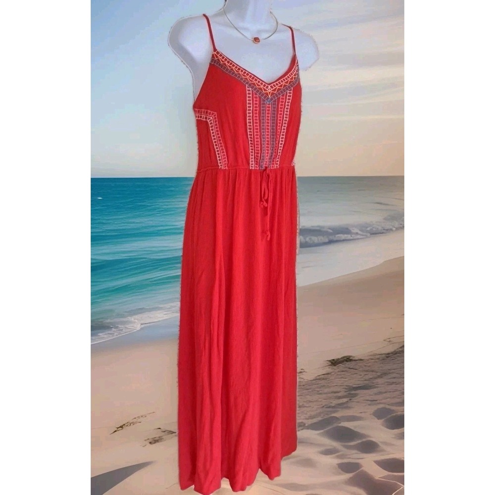 Lily Rose Maxi Dress L Coral Crepe Straps Embroidered Elastic Waist Beachy Boho